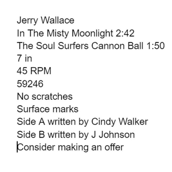 Jerry Wallace In The Misty Moonlight/The Soul Surfers Cannon Ball 7" Vinyl - Picture 2 of 7